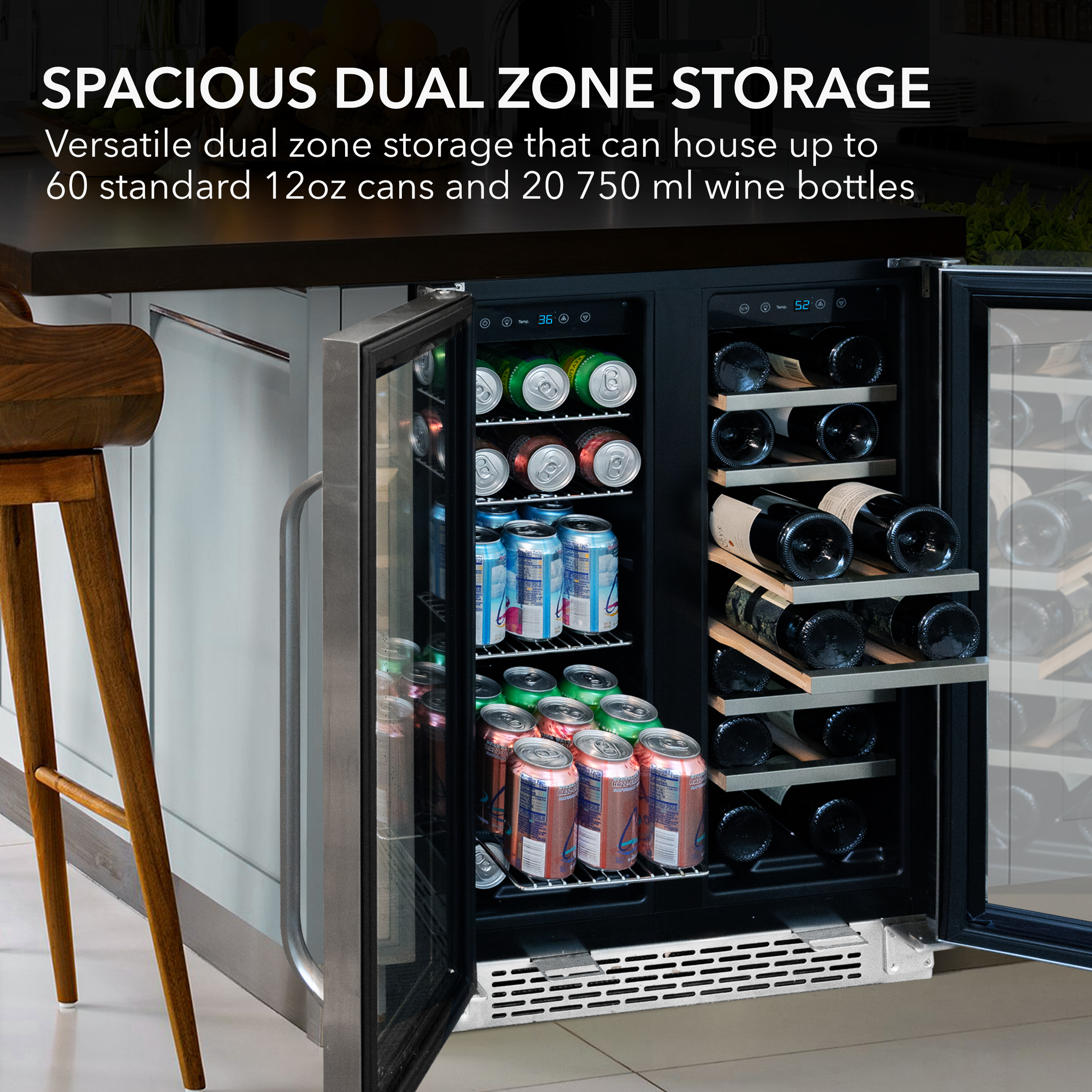 Freestanding 28 Bottle Dual Zone Wine Fridge, French Door, Black Stainless  Steel