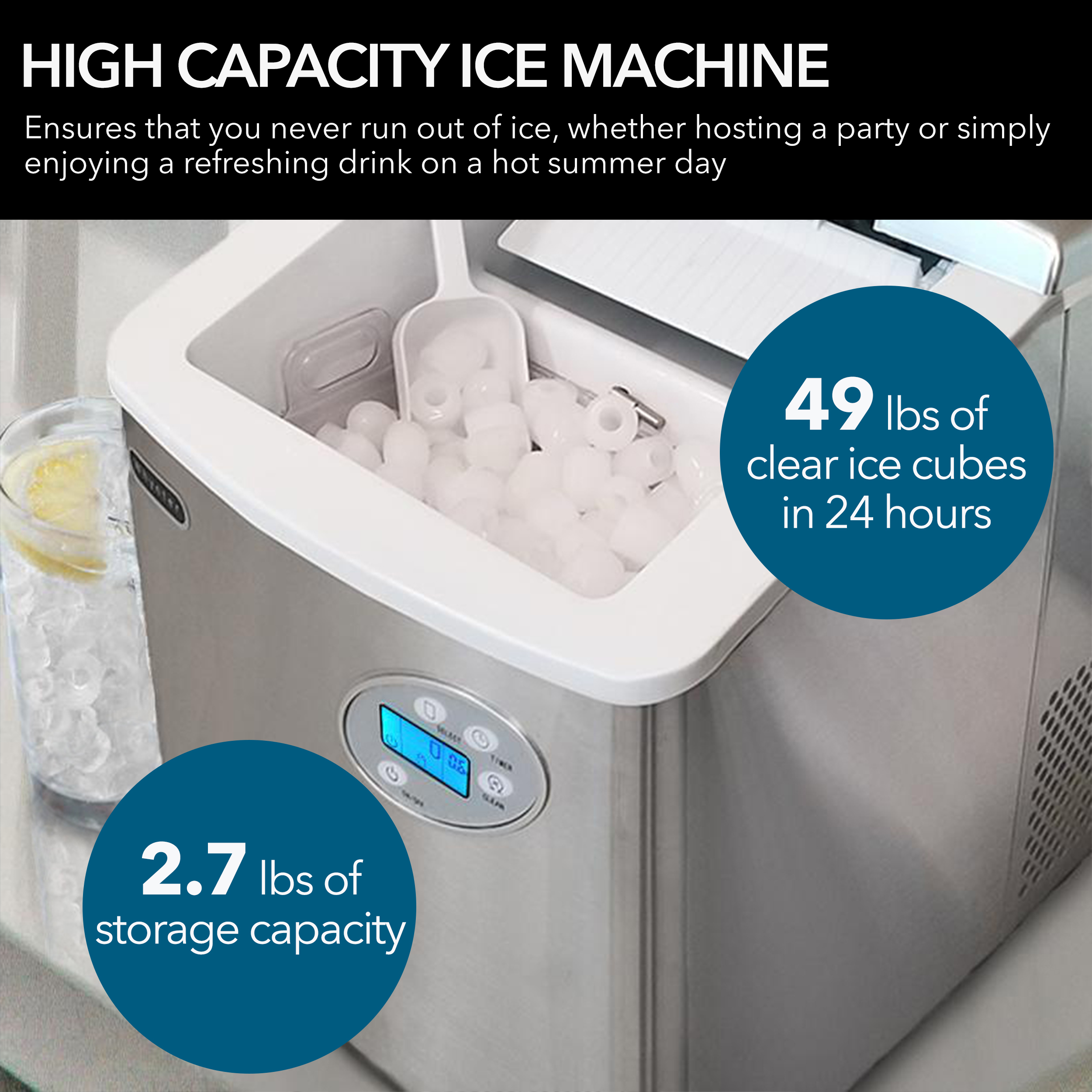 Ice Bucket, Ice Maker, Stainless Steel Countertop Ice Machine with
