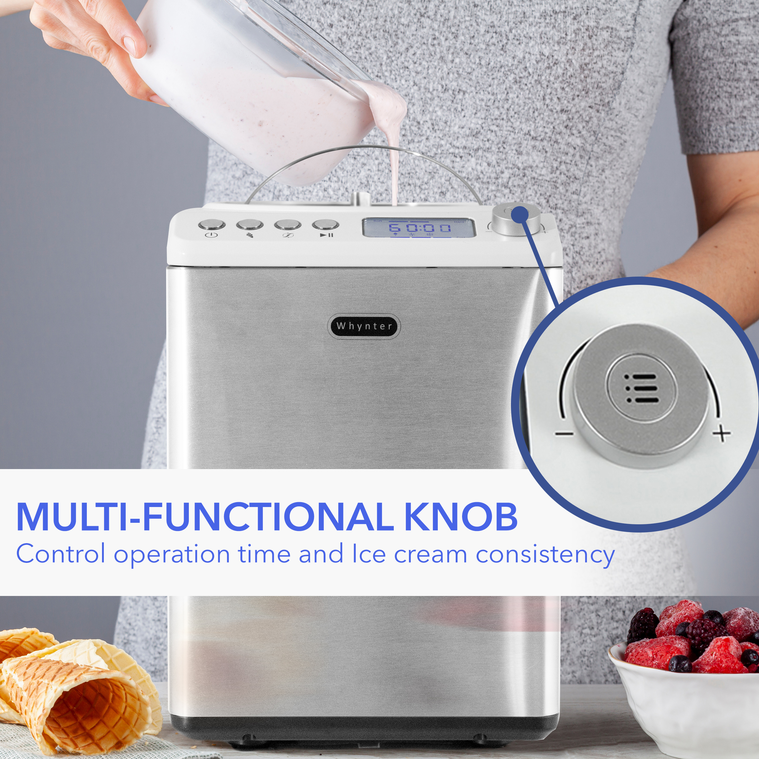 Homtone Ice Cream Maker, No pre-Freezing Automatic Ice Cream Machine 2.1  Quart with Built-in Compressor and LCD Timer for Making Ice Cream,Gelato in