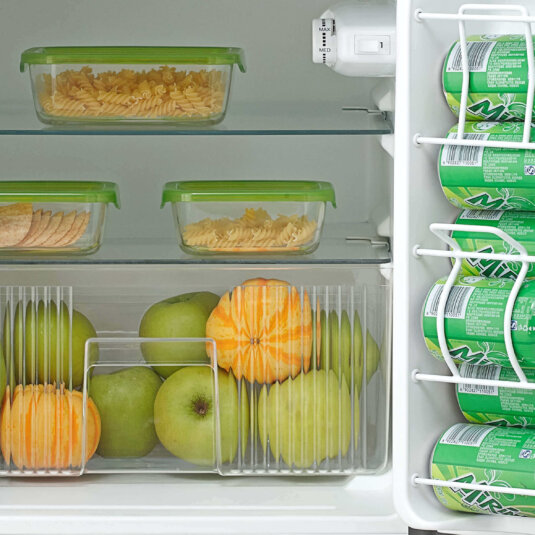 Two Glass Shelves Crisper Drawer With Snacks And Fruits